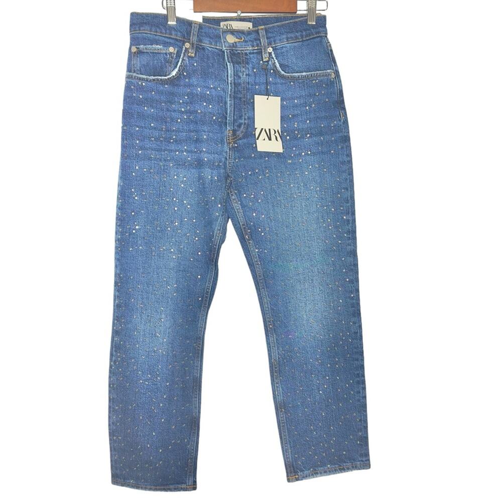 Zara The High Rise Cropped Jeans Size 6 Blue Embellishment Button Fly Straight - Picture 1 of 6
